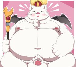 2022 anthro balls belly big_belly blush crown final_fantasy genitals good_king_moggle_mog_xii hi_res kemono king kusosensei male mammal moobs moogle navel nipples obese obese_male overweight overweight_male penis royalty small_penis solo square_enix video_games white_body