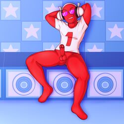 1boy bottomless erection headphones male male_only no_pants peekleek presenting_dick presenting_penis red_rapper rhythm_heaven rhythm_tengoku showing_off smirk smirking_at_viewer solo solo_focus solo_male spread_legs spreading sunglasses