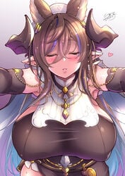 animal_ears bangs blush breasts c.r. closed_eyes covered_nipples detached_sleeves extra_ears female frills galleon_(granblue_fantasy) granblue_fantasy horns huge_breasts incoming_kiss love multicolored_hair parted_lips pointy_ears pov_kiss solo streaked_hair sweat taut_clothes