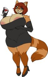 big_areola big_belly black_dress brown_hair carpallove chubby dog_nose dress fur ginger hazel_eyes high_heels huge_ass huge_breasts lipstick long_gloves no_bra party_dress raccoon_ears raccoon_girl raccoon_tail thick thick_thighs wide_hips wine_glass