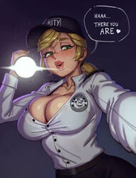 1girls 2022 big_breasts blonde_hair blush breasts busty cleavage electronics female female_focus female_only five_nights_at_freddy's five_nights_at_freddy's:_security_breach flashlight green_eyes hi_res highres human imminent_sex light-skinned_female light_skin overflowing_breasts pale-skinned_female pale_skin ponytail rizdraws scottgames security_guard straining_buttons sweat sweaty sweaty_breasts tight_clothing tight_shirt uniform vanessa_(fnaf)