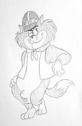 anthro feline first_porn_of_franchise furry hand_on_hip hanna-barbera hat ladysomnambule monochrome motormouse_and_autocat pencil_(artwork) scarf sheath smile solo tail vest whiskers