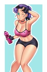 1girls black_hair blue_eyes breasts choker cleavage clothed earrings female female_only fully_clothed gym_shorts large_breasts looking_at_viewer navel one_eye_closed original ponytail purple_hair shorts sidney_(zeshgolden) solo sports_bra sweat tight_clothing two_tone_hair water_bottle workout_clothes zeshgolden