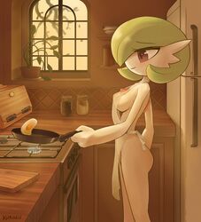 3_fingers alternate_breast_size apron apron_only athletic_female big_ass big_breasts breasts chest_spike chopping_board cleavage cooking cute day detailed female female_only food fridge fried_egg frying_pan game_freak gardevoir green_hair holding_object indoors kitchen kurozu naked_apron nintendo nude oven pointy_ears pokémon_(species) pokemon pokemon_(species) pokemon_only pokemon_rse red_eyes see-through short_hair side_view small_waist smile solo standing sunset sweet toony white_skin wholesome wife window