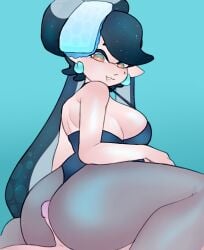 1boy 1girls ass ass_job assjob assjob_paizuri assjob_through_clothes big_ass big_ass_(female) big_breasts blue_background breasts callie_(splatoon) cowgirl_position earrings hair hair_ornament inkling inkling_girl large_ass large_breasts long_hair mole mole_under_eye nintendo penis pointy_ears sideboob splatoon tentacle tentacle_hair vespbee