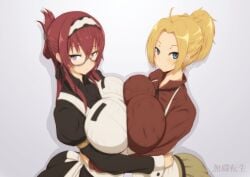 2girls big_breasts blonde_hair blue_eyes breasts_against_breasts breasts_on_breasts clothed clothed_female glasses huge_breasts lillia_greyrat maid maid_headdress maid_uniform mushoku_tensei pepejii purple_eyes red_hair simple_background zenith_greyrat