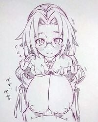 1boy blush bra bra_lift breasts bridal_gauntlets closed_mouth commentary_request female glasses highres large_breasts lifted_by_self looking_at_viewer miranda_(shingeki_no_bahamut) monochrome nipples paizuri penis shingeki_no_bahamut smile solo_focus traditional_media tsukareta_san underwear