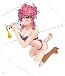 blush bruno_buccellati feet green_eyes jojo's_bizarre_adventure pink_hair sexy shadowheartfeet trish_una vento_aureo