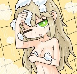 bathing blonde_female blonde_hair bubble chibi convenient_censoring female_knight_(guardian_tales) green_eyes guardian_tales nuudayo_(artist) soap_bubbles soap_censor