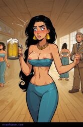 ai_generated aladdin beer blush embarrassed eraofwave exposed_breasts fit fit_female no_bra perfect_body princess princess_jasmine tavern without_underwear