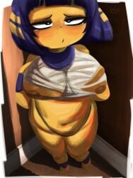 1girls animal_crossing ankha ankha_(animal_crossing) belly big_breasts blue_hair blush breasts cat_girl catgirl ejavox exposed_breasts feline female huge_breasts short_hair short_stack shortstack yellow_body yellow_skin