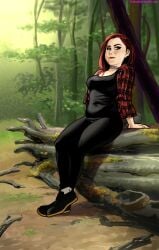 1girls black_pants black_shirt choker flannel_shirt medium_breasts red_hair sidneymt woods