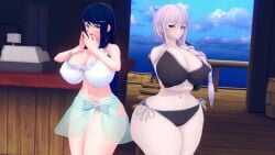 2girls ass_bigger_than_head bangs bare_arms bare_midriff bare_shoulders bare_thighs belly big_breasts bikini black_bikini black_bikini_bottom black_bikini_top black_swimsuit blue_eyes blue_hair blush breasts busty child_bearing_hips cleavage curvaceous curvy curvy_female curvy_figure danganronpa danganronpa:_trigger_happy_havoc danganronpa_1 danganronpa_s:_ultimate_summer_camp female female_only fenrirsjaw frills front-tie_bikini front-tie_top gloves hourglass_figure huge_ass huge_breasts human kirigiri_kyouko large_breasts light-skinned_female light_skin long_hair looking_at_viewer maizono_sayaka medium_breasts midriff multiple_girls navel pose posing purple_eyes purple_hair seductive seductive_eyes seductive_look seductive_smile side-tie_bikini side-tie_bottom sideboob smile smiling_at_viewer soft soft_breasts squish squishy stomach straight_hair swimsuit tease teasing thick thick_thighs thighs underboob voluptuous voluptuous_female white_bikini white_bikini_bottom white_bikini_top white_swimsuit wide_hips