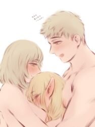 1boy 2girls between_breasts blonde_hair blush delicious_in_dungeon dungeon_meshi falin_touden hugging laios_touden marcille_donato shpo threesome wholesome