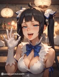 ai_generated beach big_ass black_hair blowjob_sign blue_eyes cameltoe dungeon_ni_deai_wo_motomeru_no_wa_machigatteiru_darou_ka hestia_(danmachi) prostitution sultralis sultralis870