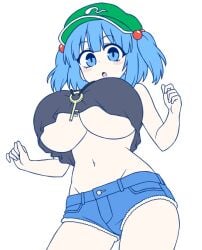 1girls big_breasts blue_eyes blue_hair blush_lines breasts cap clothed_female hat huge_breasts keychain light-skinned_female low-angle_view nitori_kawashiro onkn_sxkn shorts solo solo_female tank_top thighs touhou twintails underboob white_background