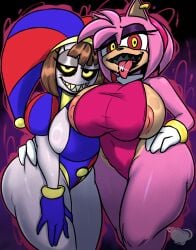 2girls amy_rose anthro areolae arm_around_waist ass baron baron_theodore_mildanhall big_ass big_breasts breasts bubble_butt busty clothing crossover eastern_and_western_character female female_only ghost gloves hedgehog huge_breasts jester jester_hat jyto large_ass large_breasts looking_at_viewer mildanhall no_bra open_mouth piercing pink_skin png pomni_(the_amazing_digital_circus) possessed possessed_amy_rose possessed_pomni possession sharp_teeth sideboob smile sonic_(series) sonic_the_hedgehog_(series) the_amazing_digital_circus theodore thick_thighs tongue tongue_out tongue_piercing white_skin wide_hips