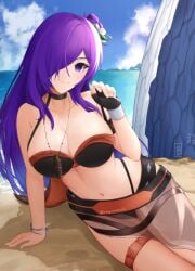 1girls absurdres alluring beach big_breasts bikini black_bikini breasts cleavage female fingerless_gloves fire_emblem fire_emblem:_three_houses fire_emblem_heroes fire_emblem_warriors:_three_hopes flower gloves hair_flower hair_ornament hair_over_one_eye highres large_breasts lying navel nintendo ocean official_alternate_costume on_side pin_up purple_eyes purple_hair ray_ryuusaki ryuusaki_rei shez_(female)_(fire_emblem) shez_(female)_(summer)_(fire_emblem) shez_(fire_emblem) smile solo swimsuit