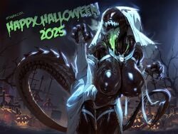 1girls 2d alien alien_(franchise) alien_girl big_breasts breasts female female_only female_xenomorph halloween nipples sharp_teeth skygracer solo solo_female wedding_attire xenomorph xenomorph_tail