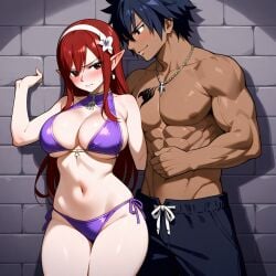 ai_generated bikini black_hair couple dark-skinned_male dark_skin elf_ears elf_female erza_scarlet fairy_tail gray_fullbuster red_hair sexy_body strong_man white_skin