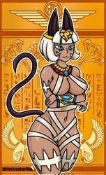 1girls bandage bandages big_breasts blue_eyes cat_ears cat_tail catgirl dark-skinned_female dark_skin egyptian egyptian_cat egyptian_headdress light_smile nadia_fortune pussy scars short_hair skullgirls solo standing white_hair yetanotherrisk