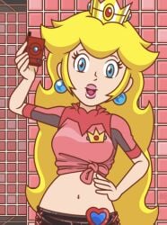 1girls bare_midriff breasts crown cute cute_face female female_only fully_clothed long_hair mario_(series) medium_breasts midriff navel princess_peach ragnar_oktopod selfie