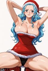 ai_generated alluring ass big_ass big_breasts black_eyes blue_hair blush breasts christmas christmas_clothing christmas_hat christmas_headwear christmas_outfit cleavage earrings female female_only femaleseduction long_hair looking_at_viewer naked nefertari_vivi nefertari_vivi_(one_piece) nude one_piece red_outfit revealing_clothes santa santa_hat santa_outfit seductive seductive_body seductive_eyes short_dress teasing vivi vivi_(one_piece) z4zt3l4