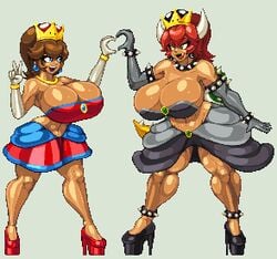 2girls bowsette bustier casetermk high_heels huge_ass huge_breasts hyper_bimbo lips mariette mario mario_(series) midriff miniskirt multiple_girls muscular_female navel new_super_mario_bros._u_deluxe red_bowsette thick_thighs wide_hips