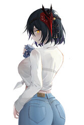 1girls absurd_res arched_back ass back back_view baige0 bangs big_ass big_breasts big_butt black_bra black_lingerie bra breasts butt denim drinking female genshin_impact hair_between_eyes hair_ornament hi_res highres hips huge_ass huge_butt human jeans kujou_sara lace lace-trimmed_bra large_ass large_breasts lingerie looking_at_viewer looking_back plain_background purple_hair see-through see-through_clothing short_hair sideboob simple_background slim_waist small_waist solo thick_ass tied_shirt waist white_background white_shirt wide_hips yellow_eyes