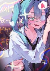 against_door black_necktie blue_eyes blue_hair blue_panties blush collarbone collared_shirt double-parted_bangs drooling eyepatch female female_masturbation hair_between_eyes hair_over_shoulder hand_in_panties hatsune_miku heart heart-shaped_pupils highres kry_oekk long_hair long_sleeves masturbation medical_eyepatch monitoring_(vocaloid) mouth_drool navel necktie open_clothes open_mouth open_shirt panties shirt sidelocks solo spoken_heart striped_clothes striped_panties sweat symbol-shaped_pupils twintails underwear very_long_hair vocaloid wavy_mouth white_panties white_shirt