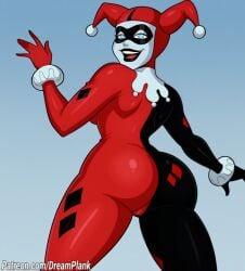 1girls ai_generated ass ass_focus batman:_the_animated_series breasts dc dc_comics dreamplank female female_only harley_quinn looking_at_viewer looking_back looking_back_at_viewer solo solo_female