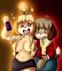 1boy 1girls 2023 alcohol alternate_version_available animal_crossing areola_slip areolae big_penis blonde_hair blush breasts brown_fur brown_hair bulge canine clothing color colored digby_(animal_crossing) domestic_dog drunk embarrassed erection erection_under_clothes fangs female isabelle_(animal_crossing) male navel nintendo penis shirt_open skirt starrock64 tail wardrobe_malfunction yellow_fur