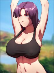 1girls abs arms_up athletic bangs big_breasts blush embarrassed muscles nipples_visible_through_clothing purple_eyes purple_hair solo sports_bra zoryc