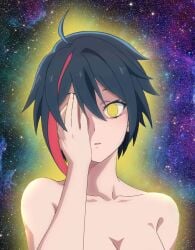 black_hair demon_girl glowing hand_on_head looking_at_viewer naked red_hair red_highlights short_hair space yellow_eyes