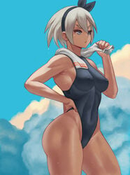 1girls after_exercise armpit armpit_fetish armpits ass athletic athletic_female bare_legs bare_shoulders bare_thighs bea_(pokemon) big_ass big_breasts big_thighs black_leotard black_one-piece_swimsuit black_swimsuit blue_eyes blue_sky breasts clothing cloud clouds competition_swimsuit creatures_(company) dark_skin day daytime exercise exercise_clothing female female_focus female_only fit fit_female game_freak grabbing_object grabbing_towel grey_eyes grey_hair gym_leader hair_ornament hair_ribbon hairband hand_on_hip headband headgear headwear hi_res highleg highleg_bikini highleg_leotard highleg_swimsuit highres human large_ass leotard looking_away nintendo one-piece_swimsuit outdoors outside pokemon pokemon_(game) pokemon_ss short_hair sky sole_female solo solo_female solo_focus spiky_hair sportswear sweat sweatdrop sweating swimsuit swimwear tan tan_body tan_skin tanned tanned_skin thick thick_eyebrows thick_legs thick_thighs thighs tomboy toned toned_female towel towel_around_neck towel_grab wet wet_body wet_clothes wet_skin white_hair wide_hips zefra_bleu