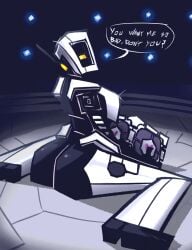 big_ass companion_cube female glados glados_(humanoid) huge_ass looking_back_at_viewer mechanical mrguardianeye(artist) portal portal_(series) portal_2 robot robot_girl talking_to_viewer