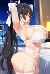 1girls ai_generated azur_lane big_breasts black_hair bra breasts female female_focus female_only huge_breasts large_breasts lingerie long_hair looking_at_viewer ponytail takao_(azur_lane) thick_thighs thighs white_gloves white_lingerie yellow_eyes