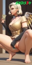 ai_generated blonde_hair ends34 female female_focus female_only formalwear_mercy mercy milf money overwatch overwatch_2 prostitution slutty_outfit squatting