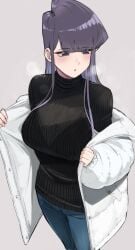 1girls big_breasts blush jacket jeans komi-san_wa_komyushou_desu komi_shouko large_breasts panting purple_hair solo sweater