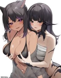 2girls animal_ears au_ra bare_shoulders bikini black_bikini black_eyes black_hair blush breasts cat_ears chest_sarashi dark-skinned_female dark_skin dragon_horns facial_mark final_fantasy final_fantasy_xiv grabbing_another's_breast groping highres horns large_breasts long_hair miqo'te multicolored_hair multiple_girls navel off_shoulder purple_hair sarashi shhilee swimsuit two-tone_hair warrior_of_light_(ff14) whisker_markings white_background yuri