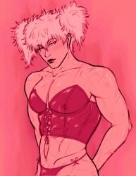 alternate_costume big_pecs bite_mark blush bulge bustier canon_crossdressing corset crossdressing gintama gintoki_sakata lipstick looking_at_viewer makeup male male_only manly_crossdresser monochrome muscular muscular_male nipples_visible_through_clothing paako panties pecs pectoral_cleavage pink_theme scars scars_all_over see-through_clothing smile so_so_seoz solo twintails wig