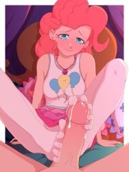 1boy 1girls blush bodily_fluids cum cum_drip cum_on_body cum_on_feet ejaculating_cum ejaculation equestria_girls feet feet_on_penis flexible_toes foot_fetish footjob footjob_over_clothes footjob_with_legwear footwear fully_clothed_female human looking_at_another looking_at_partner looking_down my_little_pony necklace nude_male on_bed open_mouth penis pink_hair pinkie_pie_(eg) pinkie_pie_(mlp) precum precum_on_penis rockset skirt spread_toes stroking_cock stroking_footjob stroking_penis stroking_with_feet tights