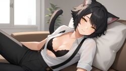 ai_generated bangs bankonit black_hair bra cat_ears cat_tail catgirl cleavage clothed collared_shirt couch female_only formal indoors looking_at_viewer lying lying_on_back medium_breasts open_clothes open_shirt pants parted_lips reclining short_hair short_sleeves solo stable_diffusion suspenders yellow_eyes