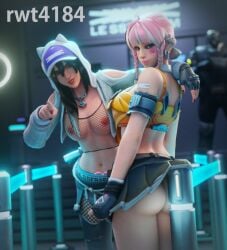 2girls 3d 3d_(artwork) alternate_hairstyle ashe_(overwatch) ass ass_focus big_ass big_breasts black_hair bob_(overwatch) breasts breasts_out club crop_top fishnet_clothing fishnet_legwear fishnets hoodie jeans le_sserafim light-skinned_female mercy miniskirt multicolored_hair nipples nipples_visible_through_clothing overwatch pink_hair rwt4184 slim_waist thick_thighs thigh_gap thighs transparent_clothing