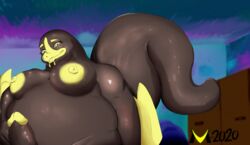 anthro areola belly big_areola big_belly big_breasts big_tail breasts chubby_belly chubby_female eel erection female fish genitals gradient_background herm hi_res intersex izzy(metroxix3c) looking_at_viewer marine metroxix3c nipples overweight penis simple_background yellow_eyes