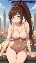 1girls ai_generated anime anime_style arm_support asian bangs bare_arms bare_shoulders blue_sky blush bow_bra bow_panties bra breasts brown_hair building bust busty castle cleavage closed_mouth cloud collarbone cowboy_shot day female female_focus female_only green_eyes high_ponytail kono_subarashii_sekai_ni_shukufuku_wo! lace large_breasts lingerie long_hair looking_at_viewer natsuyoru navel outdoors panties pantsu pink_bra pink_panties ponytail rin_(konosuba) sitting sky smile solo solo_female stomach thigh_gap thighs town underwear underwear_only very_long_hair voluptuous voluptuous_female