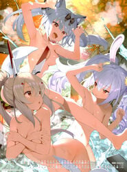 3girls absurdres animal_ears armpits artist_name ayanami_(azur_lane) azur_lane bangs bare_shoulders blurry blurry_background blush breasts brown_eyes bunny_ears cat_ears collarbone convenient_censoring covering covering_breasts day eyebrows_visible_through_hair fake_animal_ears fingernails gaou hair_ornament highres laffey_(azur_lane) long_hair mechanical_ears medium_breasts multiple_girls navel nude oerba_yun_fang outdoors ponytail rabbit_ears scan shiny shiny_hair shiny_skin simple_background skin_fang smile steam stomach thighs tied_hair twintails water water_drop yukikaze_(azur_lane)