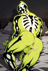 after_anal ai_art ai_generated bara creature_commandos cum cum_in_ass doctor_phosphorus grabbing_ass looking_back lying_on_bed male_only muscles muscular muscular_male nickhoult penis skeleton testicles