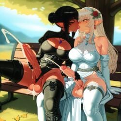 2futas ai_generated bellegar bench big_balls big_penis black_hair breasts clothed cum dark-skinned_futanari ejaculation elezen final_fantasy final_fantasy_xiv futa_on_futa futa_only futanari handjob kissing mutual_masturbation outdoors penis pointy_ears sagging_balls sex stable_diffusion warrior_of_light_(ff14) white_hair