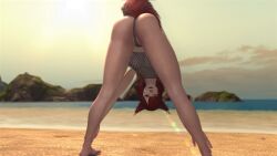 ass ass_focus beach bent_over big_ass black_lipstick bushy_tail cat_ears cat_tail catgirl feet final_fantasy_xiv fishnet gpose(ffxiv) miqo'te pose red_hair thick_thighs